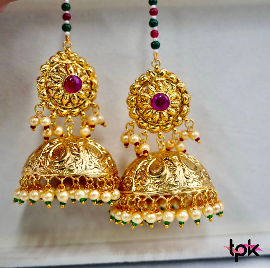 Gold Plated Patra Jhumki Earrings with sahara (Copper Base)