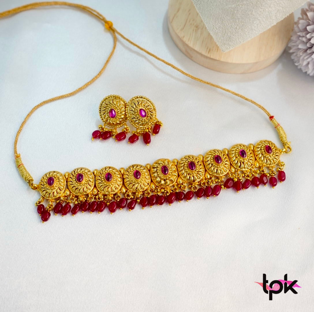 Gold Plated Traditional Choker set with Stud Earrings (Copper Base)