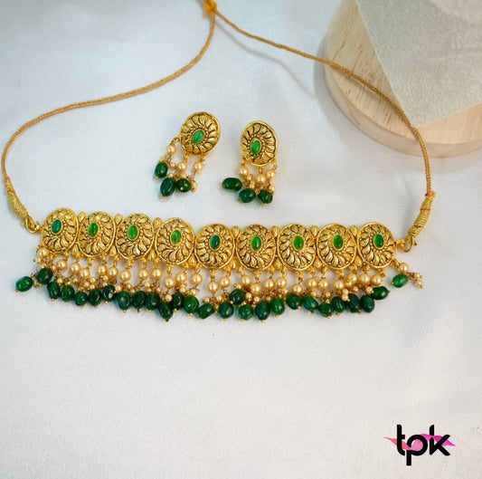 Gold Plated Traditional Choker set with Stud Earrings (Copper Base)