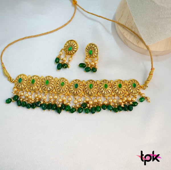 Gold Plated Traditional Choker set with Stud Earrings (Copper Base)