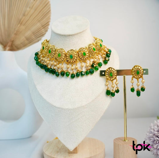 Gold Plated Traditional Choker set with Stud Earrings (Copper Base)