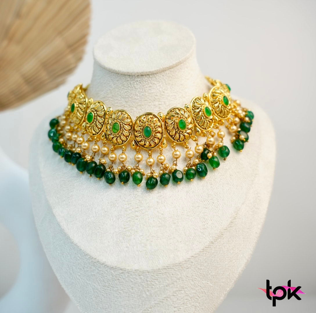 Gold Plated Traditional Choker set with Stud Earrings (Copper Base)