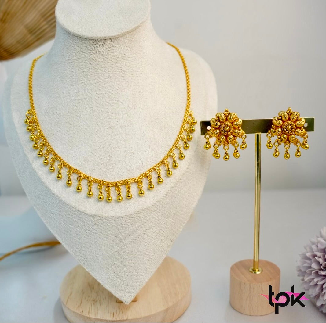 Gold Plated Chain Ghungroo Set with Stud Earrings (Copper Base)