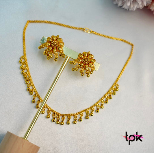 Gold Plated Chain Ghungroo Set with Stud Earrings (Copper Base)