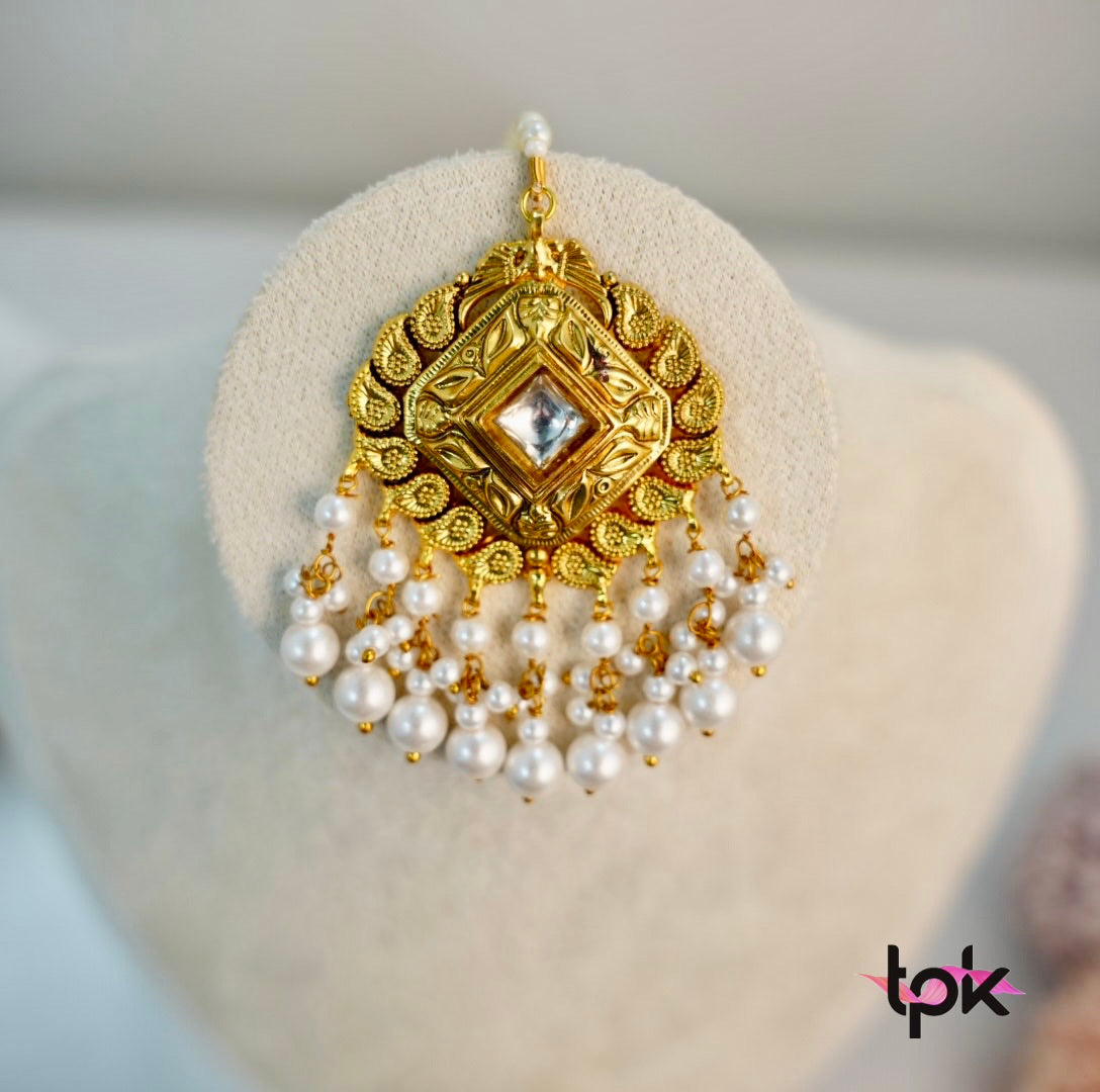 Gold Plated Pearl Choker set with Tikka (Copper Base)