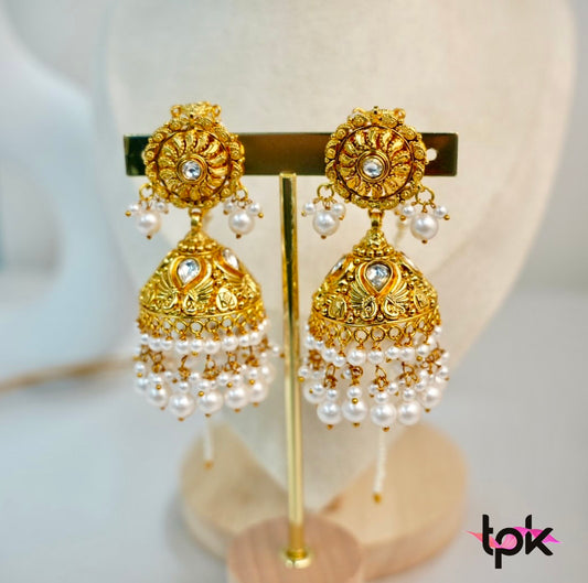 Gold Plated Pearl Jhumki Earrings with sahara (Copper Base)