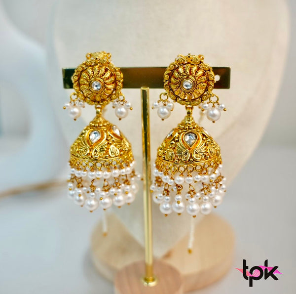 Gold Plated Pearl Jhumki Earrings with sahara (Copper Base)