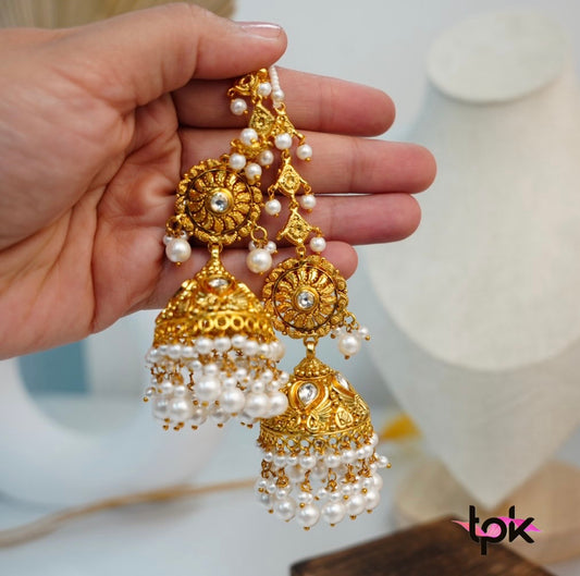 Gold Plated Pearl Jhumki Earrings with sahara (Copper Base)