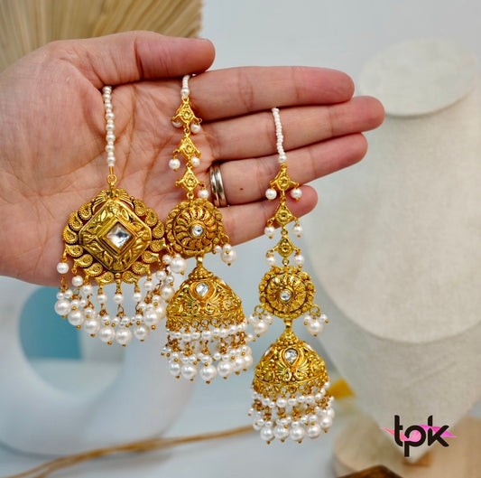 Gold Plated Pearl Choker set with Tikka (Copper Base)