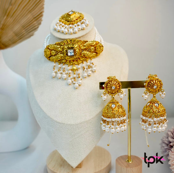 Gold Plated Pearl Choker set with Tikka (Copper Base)