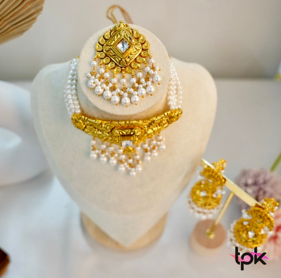 Gold Plated Pearl Choker set with Tikka (Copper Base)