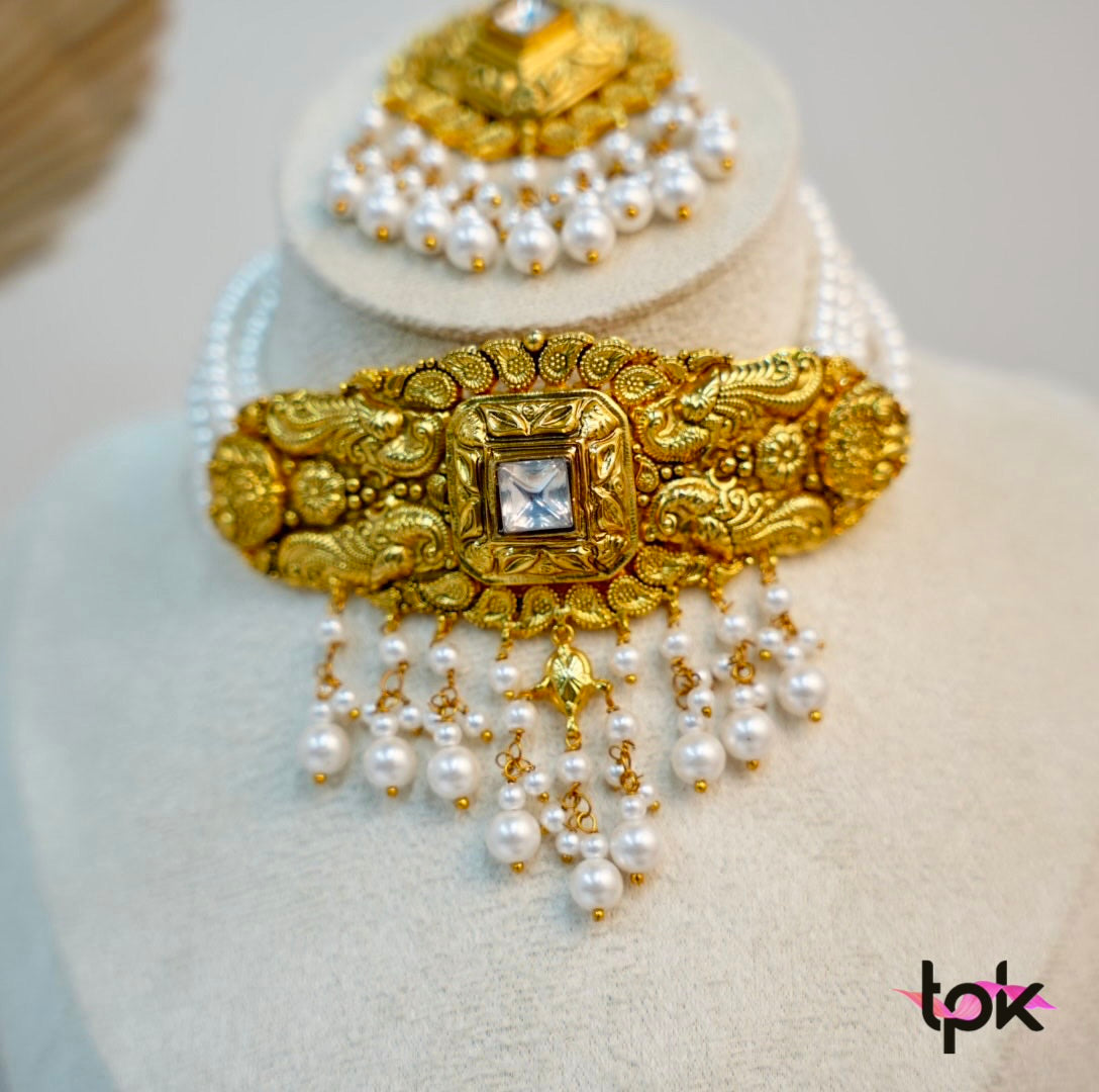 Gold Plated Pearl Choker set with Tikka (Copper Base)