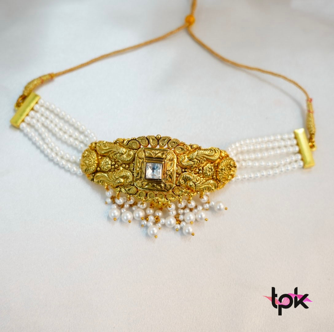 Gold Plated Pearl Choker set with Tikka (Copper Base)