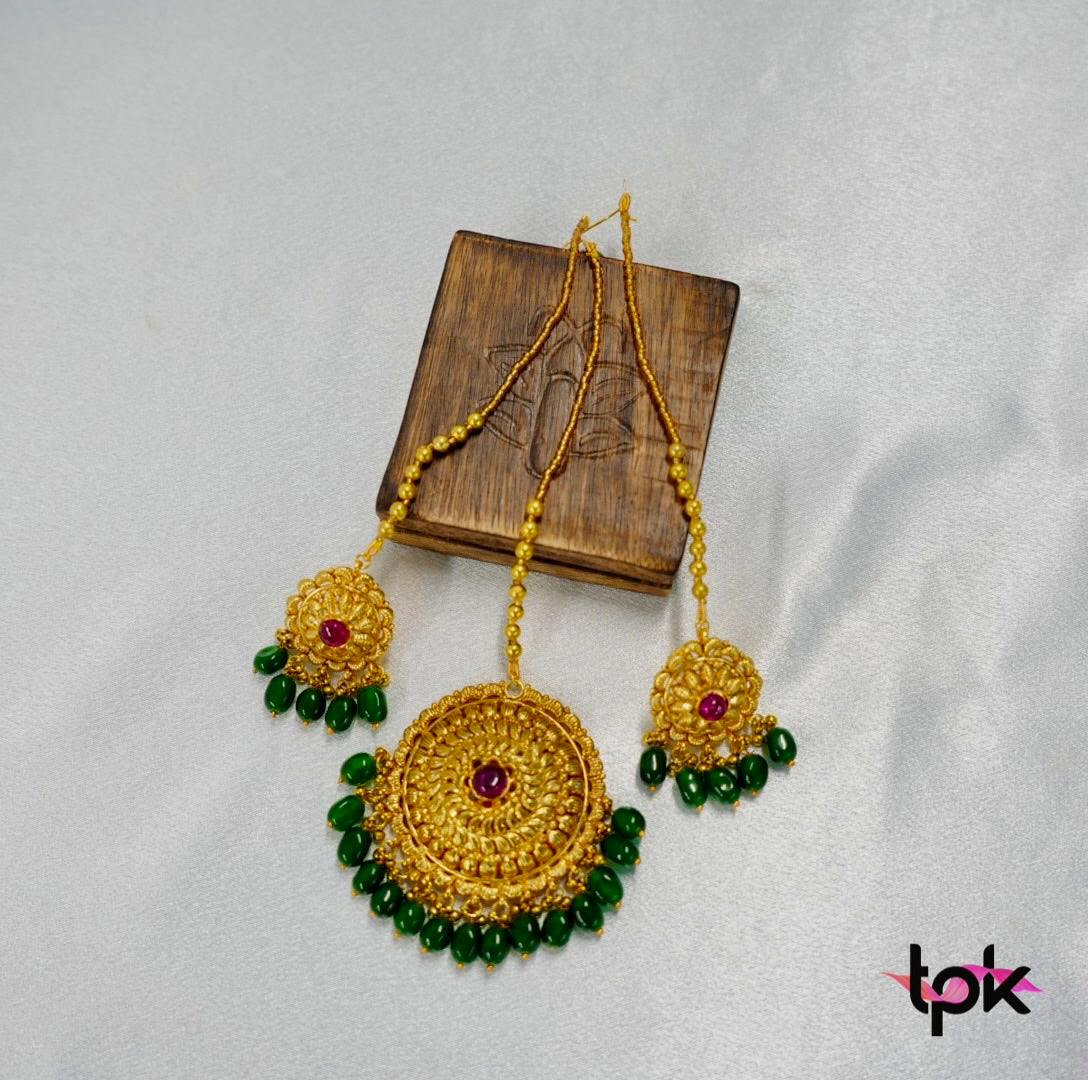 Gold Plated Tikka & Earrings Set (Copper Base)