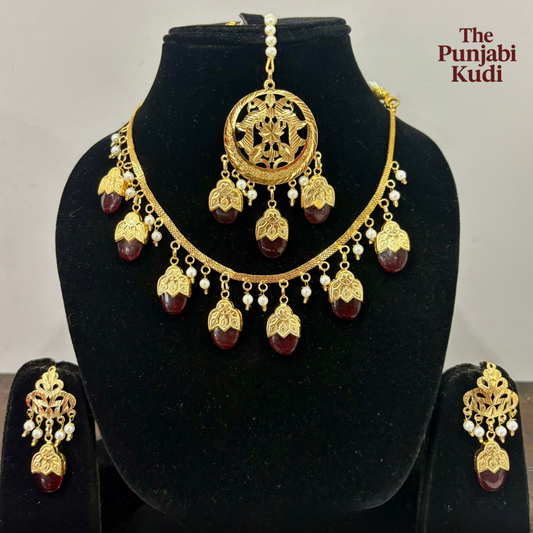 Punjabi Traditional Dakh Set with Tikka in Red Stones