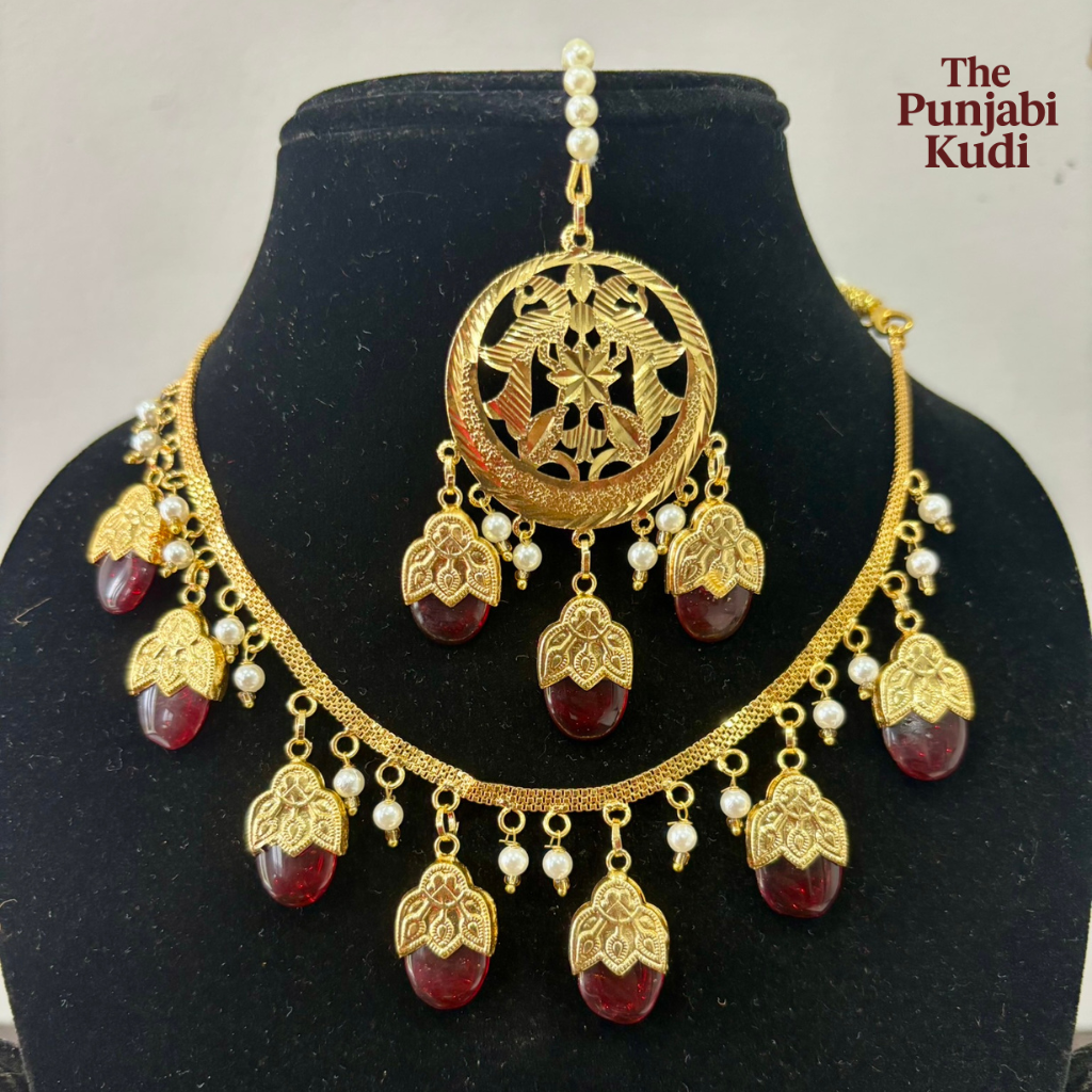 Punjabi Traditional Dakh Set with Tikka in Red Stones