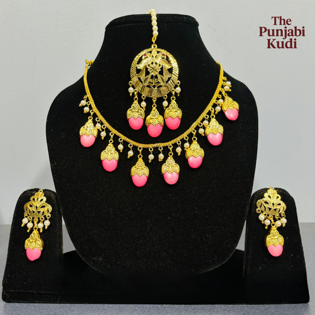 Punjabi Traditional Dakh Set with Tikka in Pink Stones