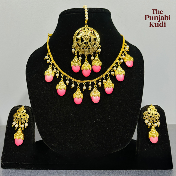 Punjabi Traditional Dakh Set with Tikka in Pink Stones
