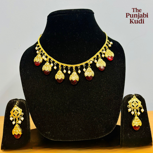 Punjabi Traditional Dakh Set with Red Stones