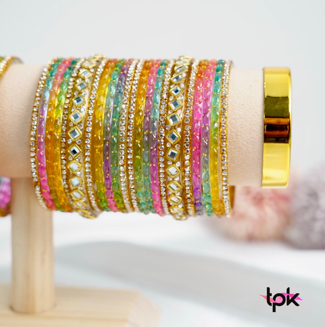 Rain drop Glass Bangle Stack - Multi & Red