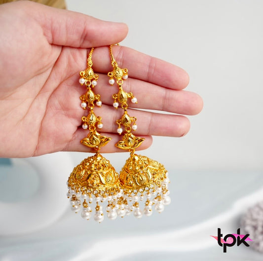 Gold Plated Pearl Jhumki Earrings with sahara (Copper Base)