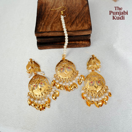 Gold Finished Morni Earrings Tikka Set