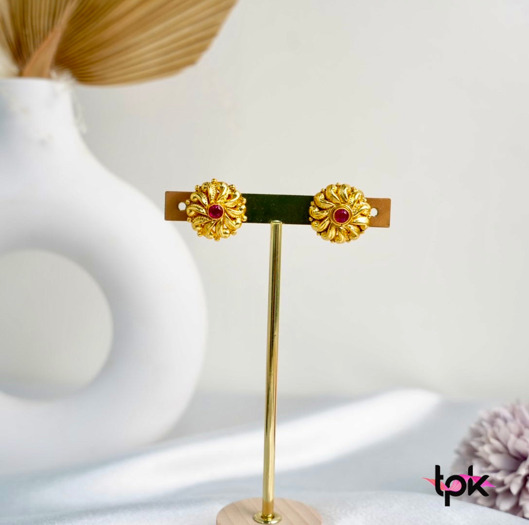 Traditional Gold Plated Studs Earrings (Copper Base) - Available in Ruby & Green