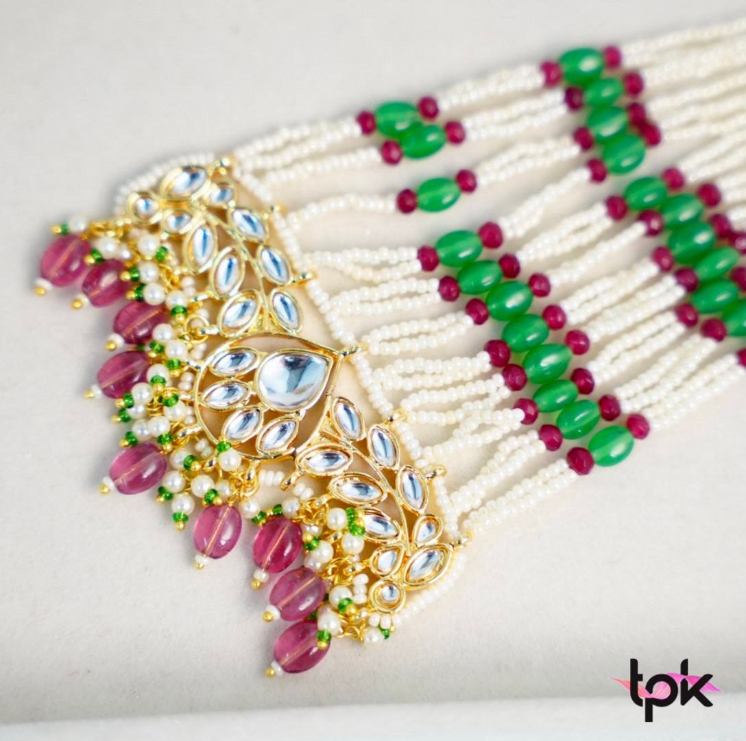 Noor Green & Pink Pearl Kundan Passa