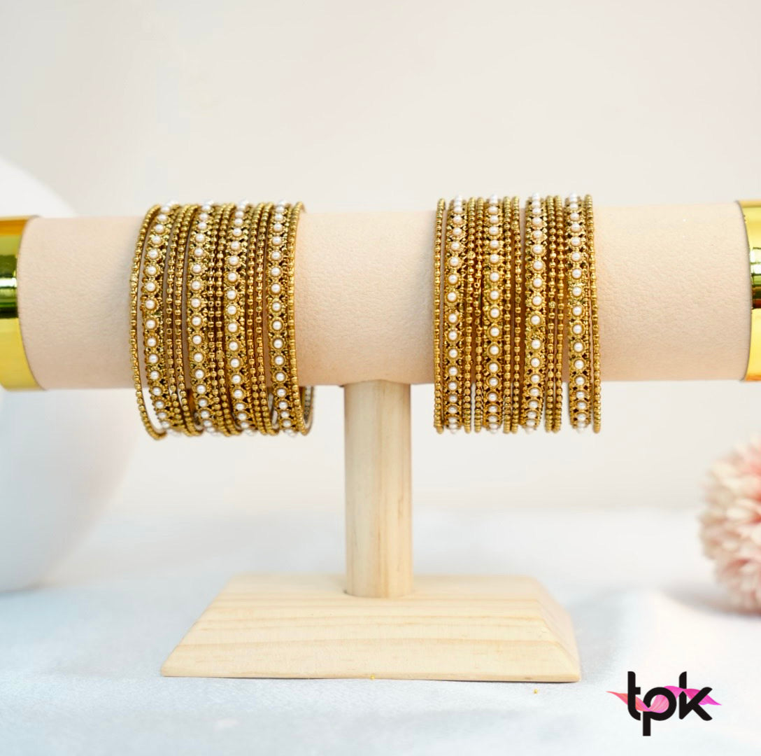 Pretty in Gold Pearl Metal Bangle Set