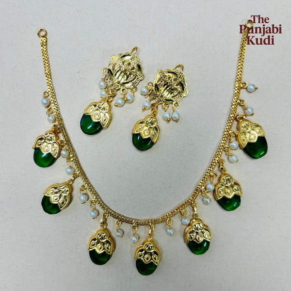 Punjabi Traditional Dakh Set with Green Stones