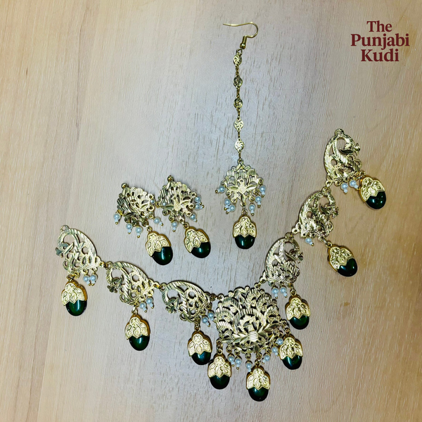 Punjabi Traditional Dakh Set with Tikka in Green Stones