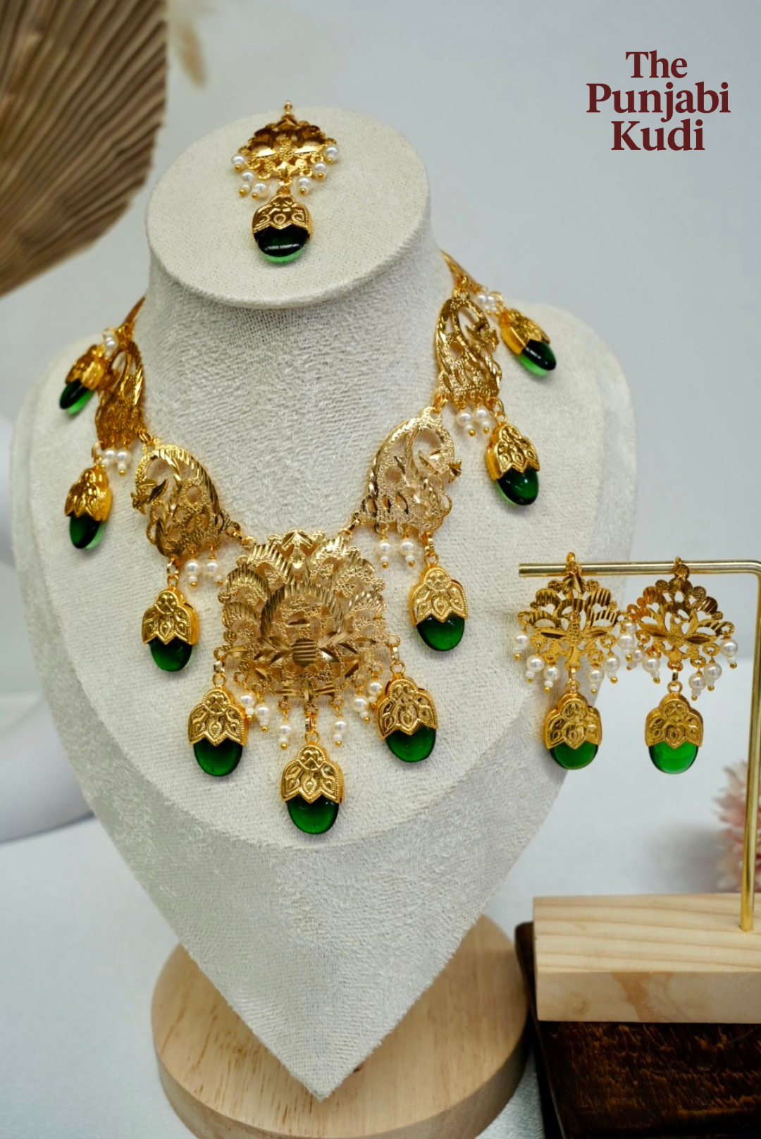 Punjabi Traditional Dakh Set with Tikka in Green Stones