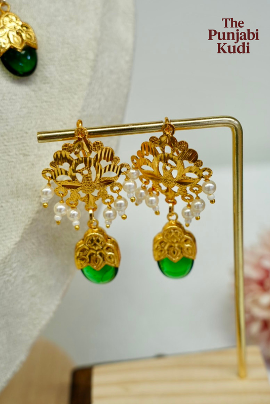 Punjabi Traditional Dakh Set with Tikka in Green Stones