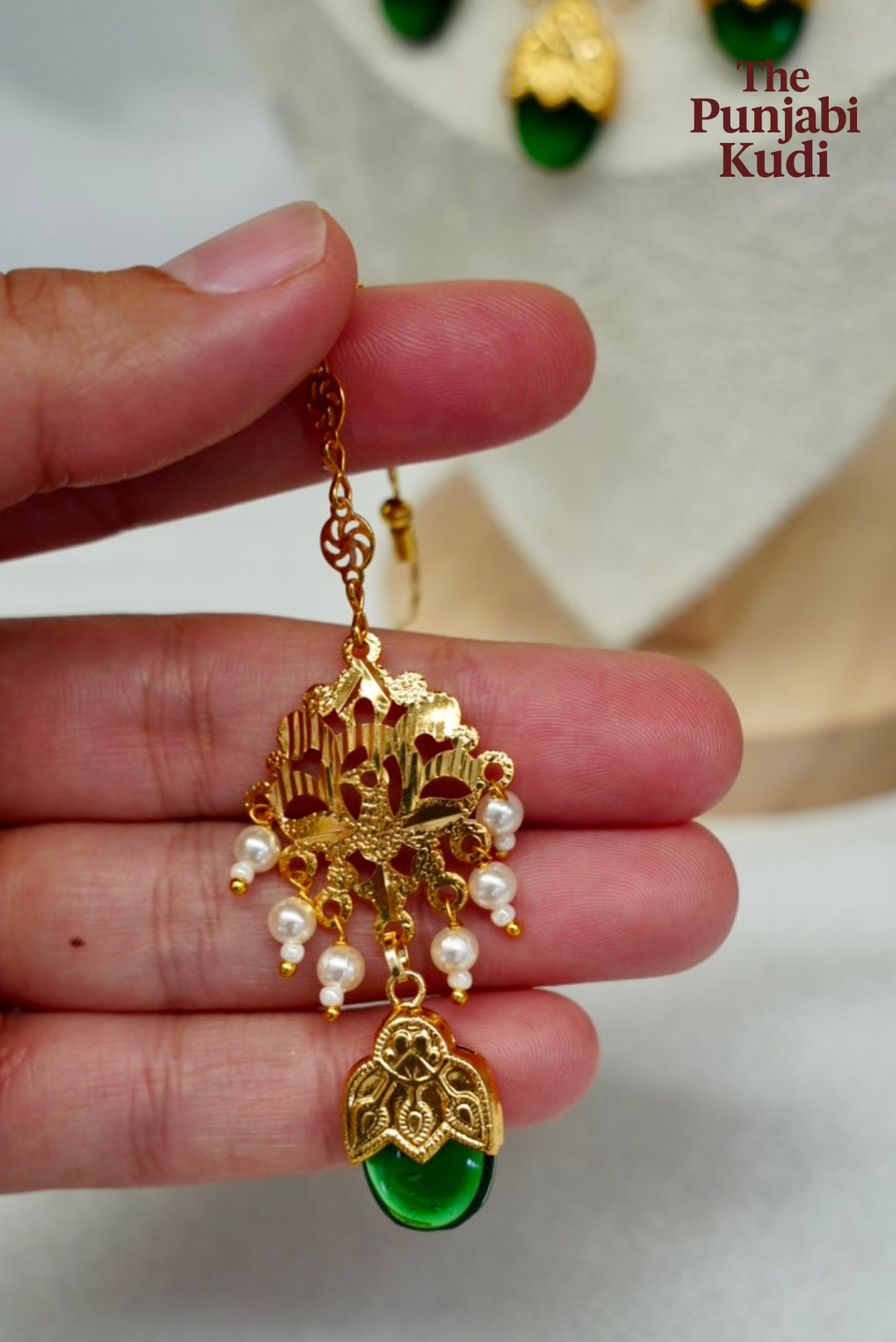 Punjabi Traditional Dakh Set with Tikka in Green Stones