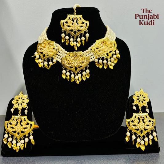Jadau Pearl Gold Finished Necklace Set