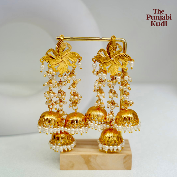 Gold Finished Long Pearl Earrings