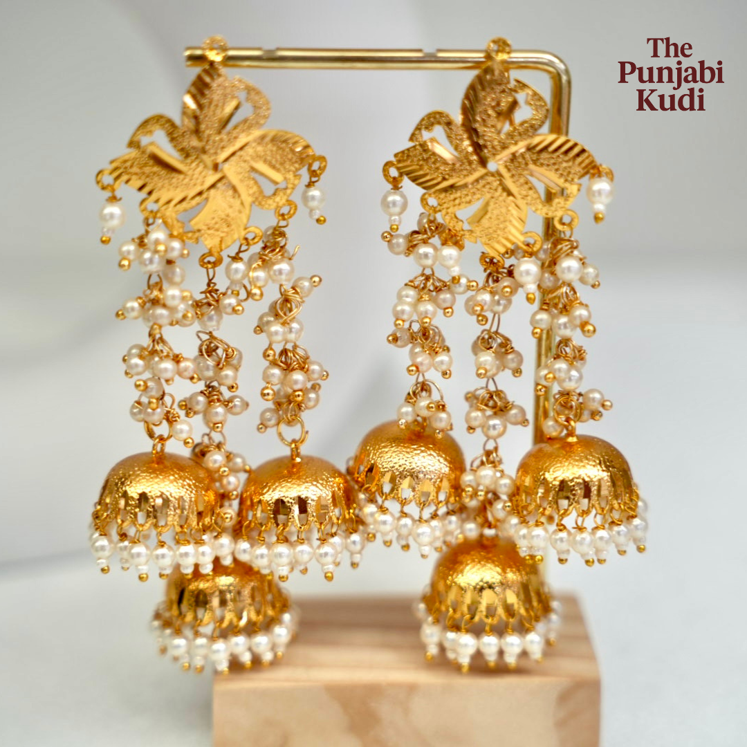 Gold Finished Long Pearl Earrings