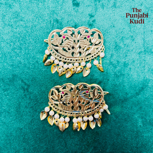 Gold Finished Morni Pippal Patti Hair Clips