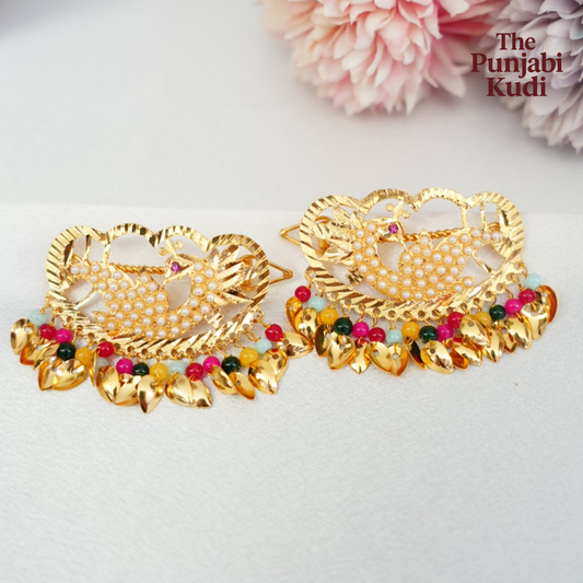 Traditional Morni Jadau Pippal Patti Hair Clips in multicolor