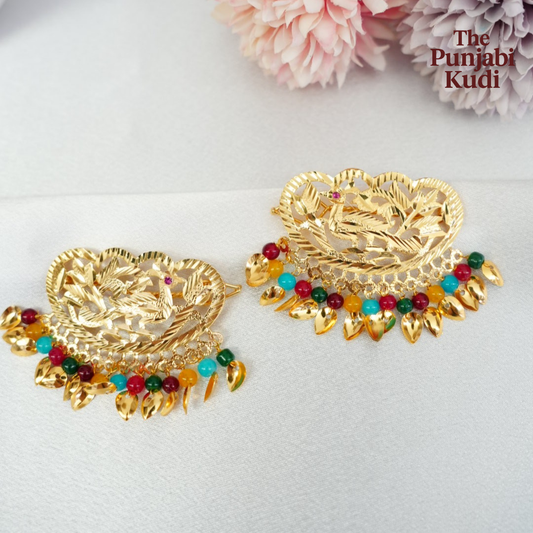 Gold Finished Multicolor Morni Pippal Patti Hair Clips
