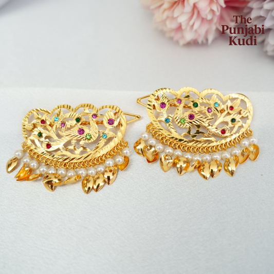 Gold Finished Multicolor Morni Pippal Patti Hair Clips