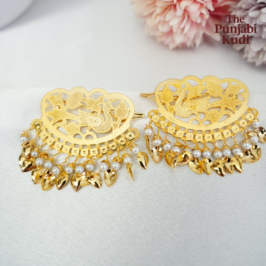Gold Finished Morni Pippal Patti Patra Hair Clips with Pearls