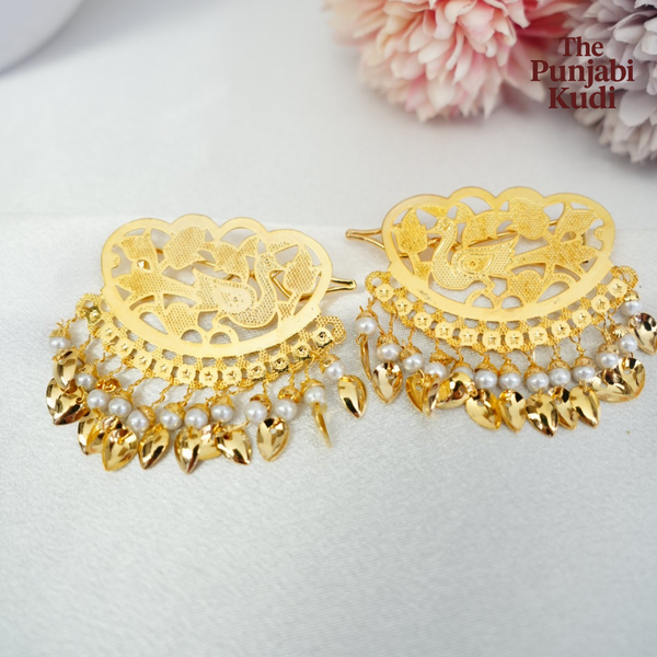 Gold Finished Morni Pippal Patti Patra Hair Clips with Pearls