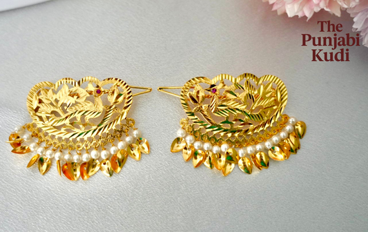 Gold Finished Morni Pippal Patti Hair Clips with Pearls