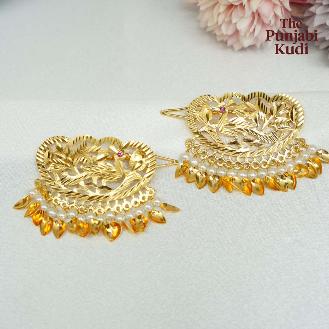 Gold Finished Morni Pippal Patti Hair Clips with Pearls