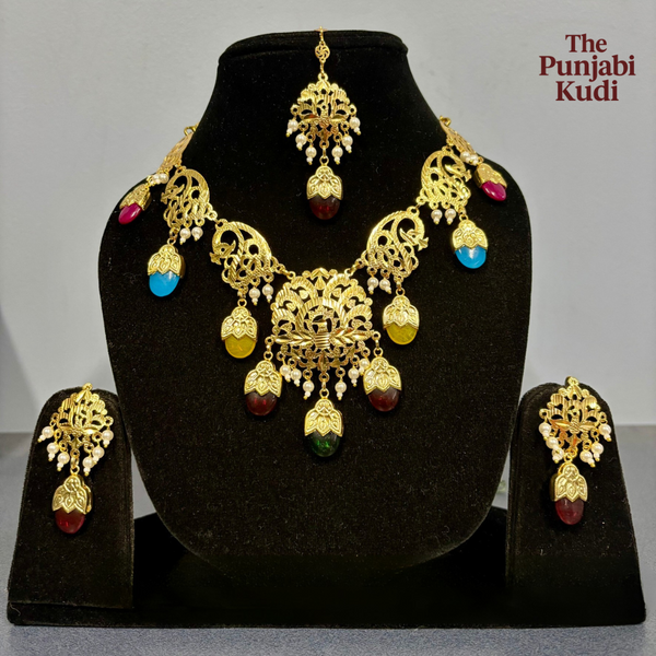 Punjabi Traditional Dakh Set with Tikka in Multicolor Stones