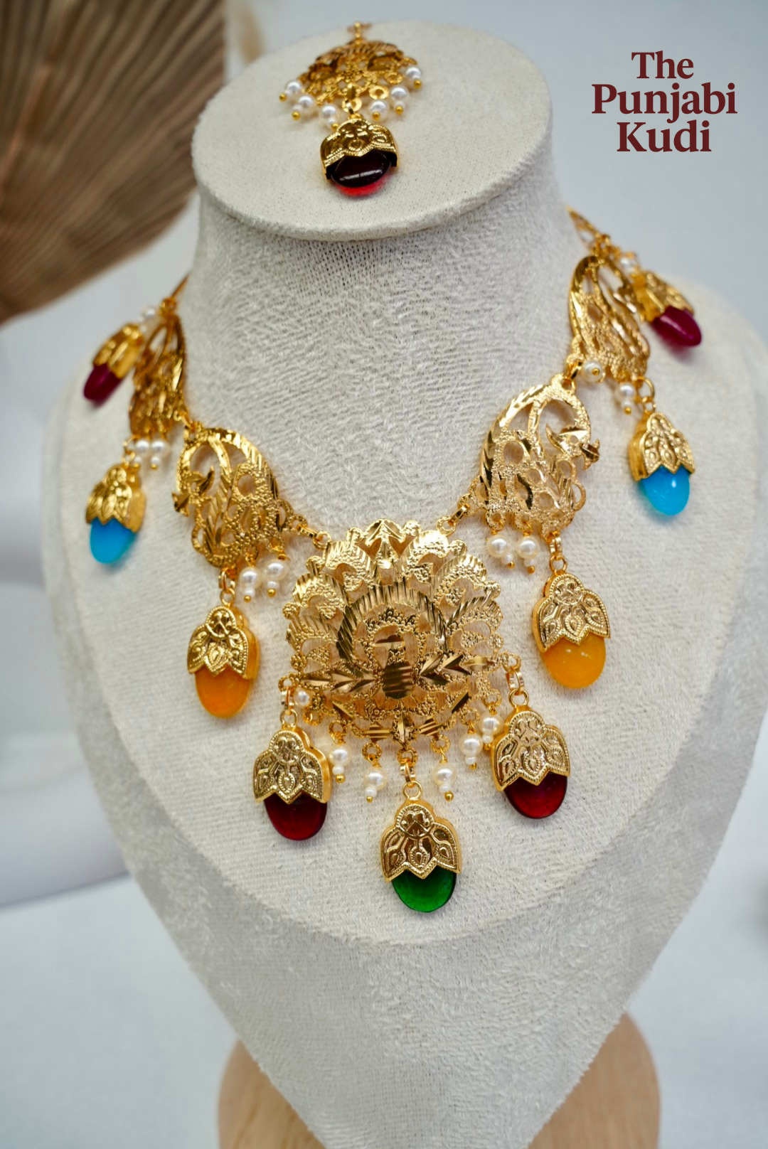 Punjabi Traditional Dakh Set with Tikka in Multicolor Stones