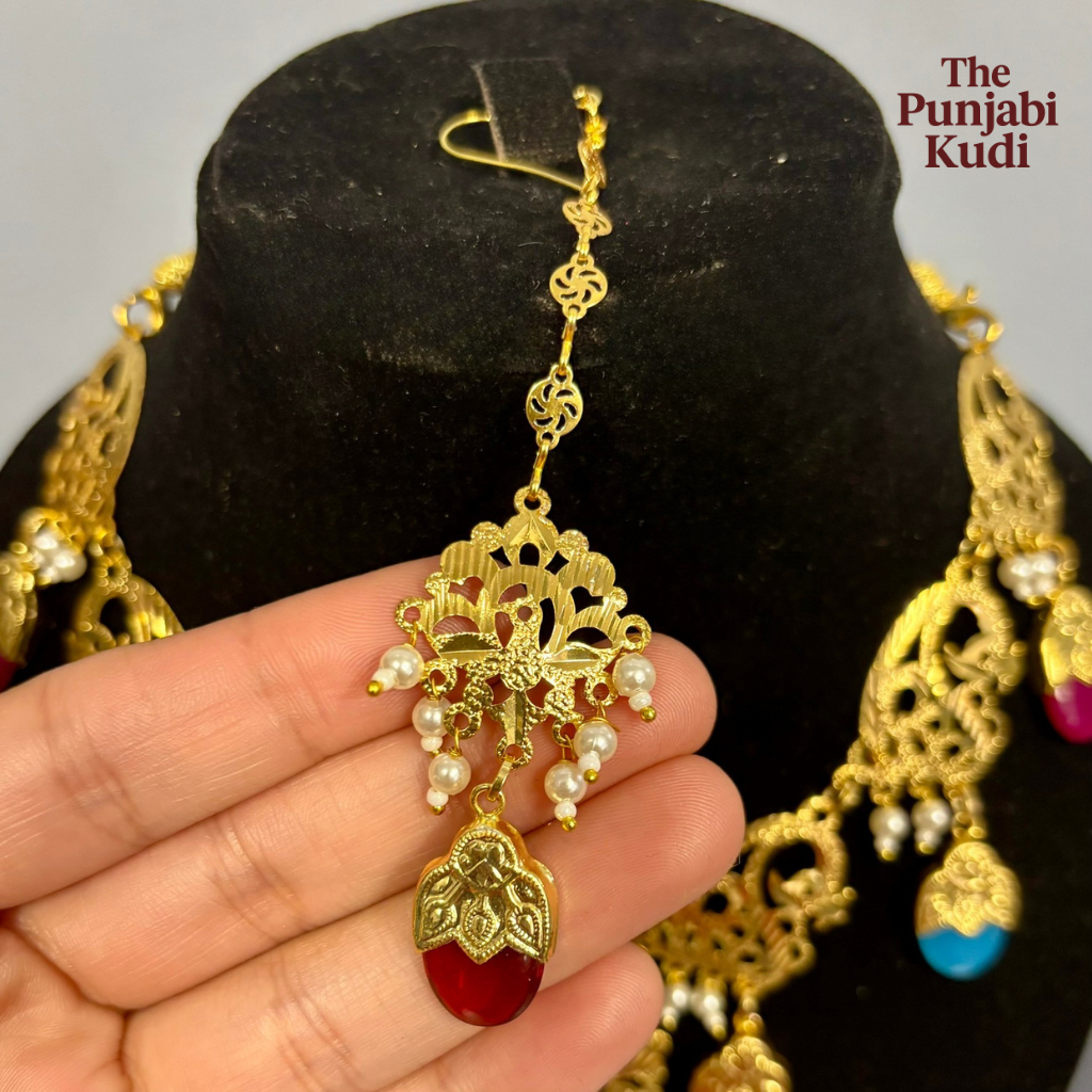Punjabi Traditional Dakh Set with Tikka in Multicolor Stones