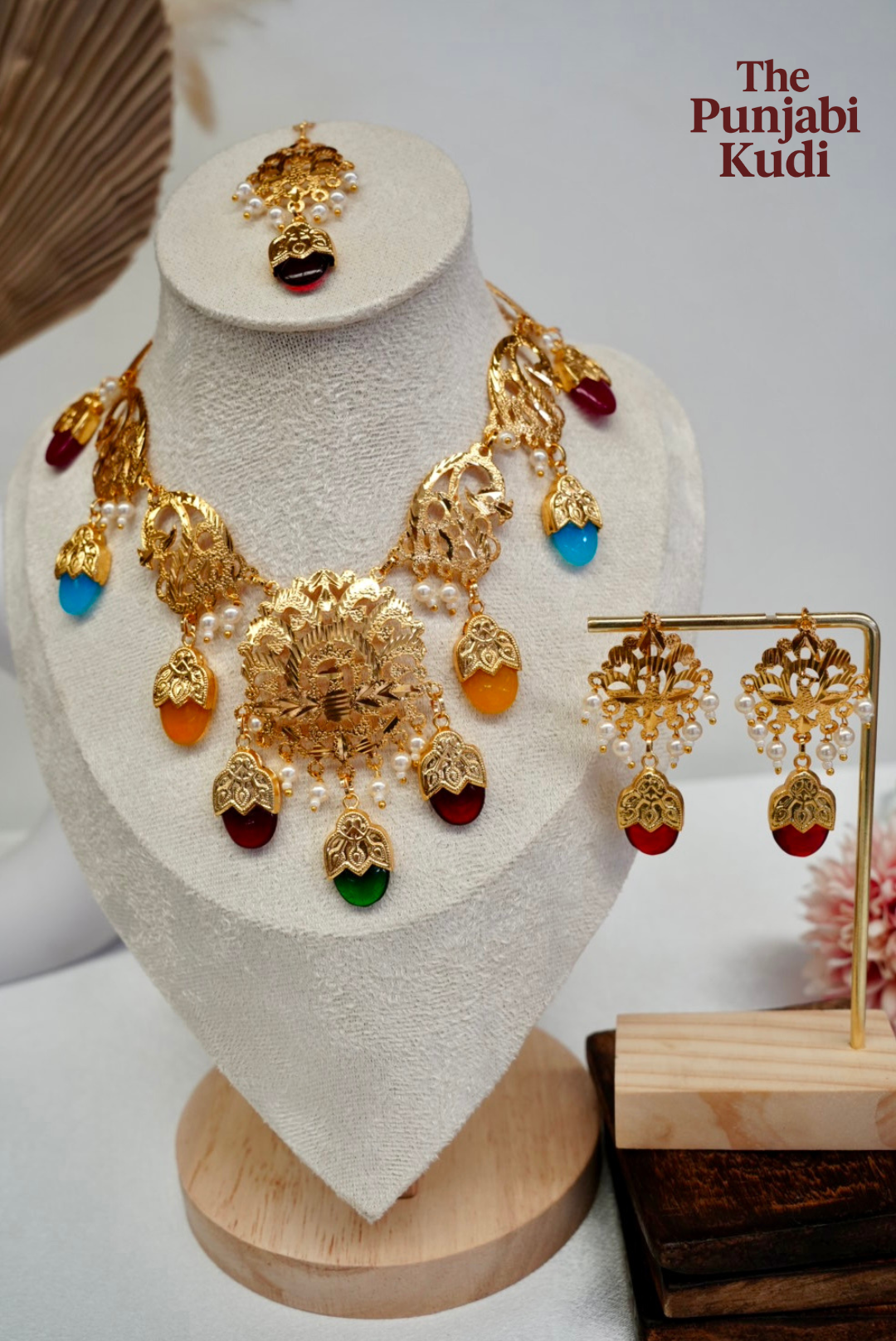 Punjabi Traditional Dakh Set with Tikka in Multicolor Stones