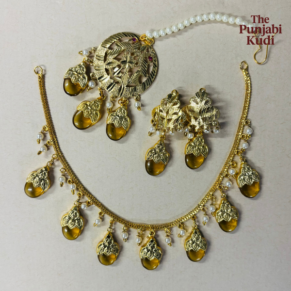 Punjabi Traditional Dakh Set with Tikka in Mustard Stones